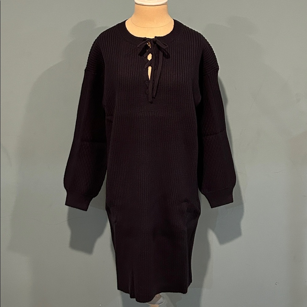 Ann Taylor Navy Blue Lace Up Pullover Ribbed Sweater Dress Medium Petite